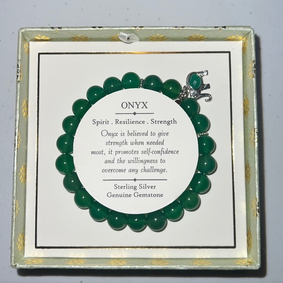 Jewelry - 🐘 💚  Genuine Green Onyx Gemstone Bead Bracelet w/ Sterling Silver Charm